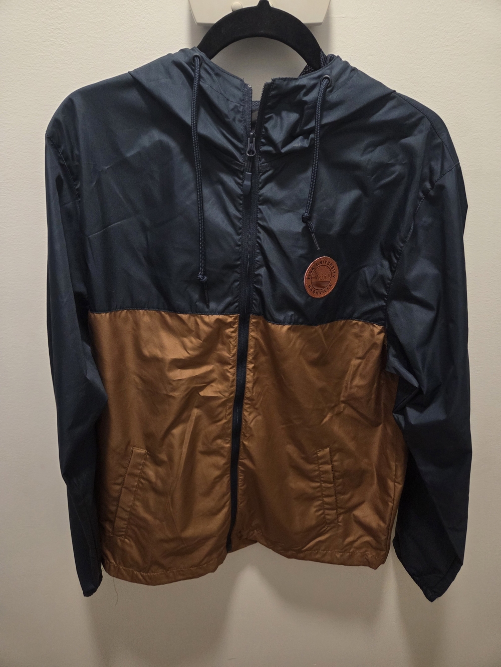 Colorblock Hooded Windbreaker Jacket in Navy and Brown